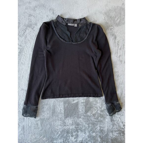 Vintage Y2K Black Lace Trim Top PM Medium Apt 9 Whimsigoth Stretchy Long Sleeved - Picture 2 of 14